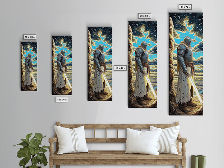 Silver Knight With Glowing Sword By Sea Cliffs, Fantasy Canvas Print, Medieval Wall Art, Dramatic Coastal Home Office Decor