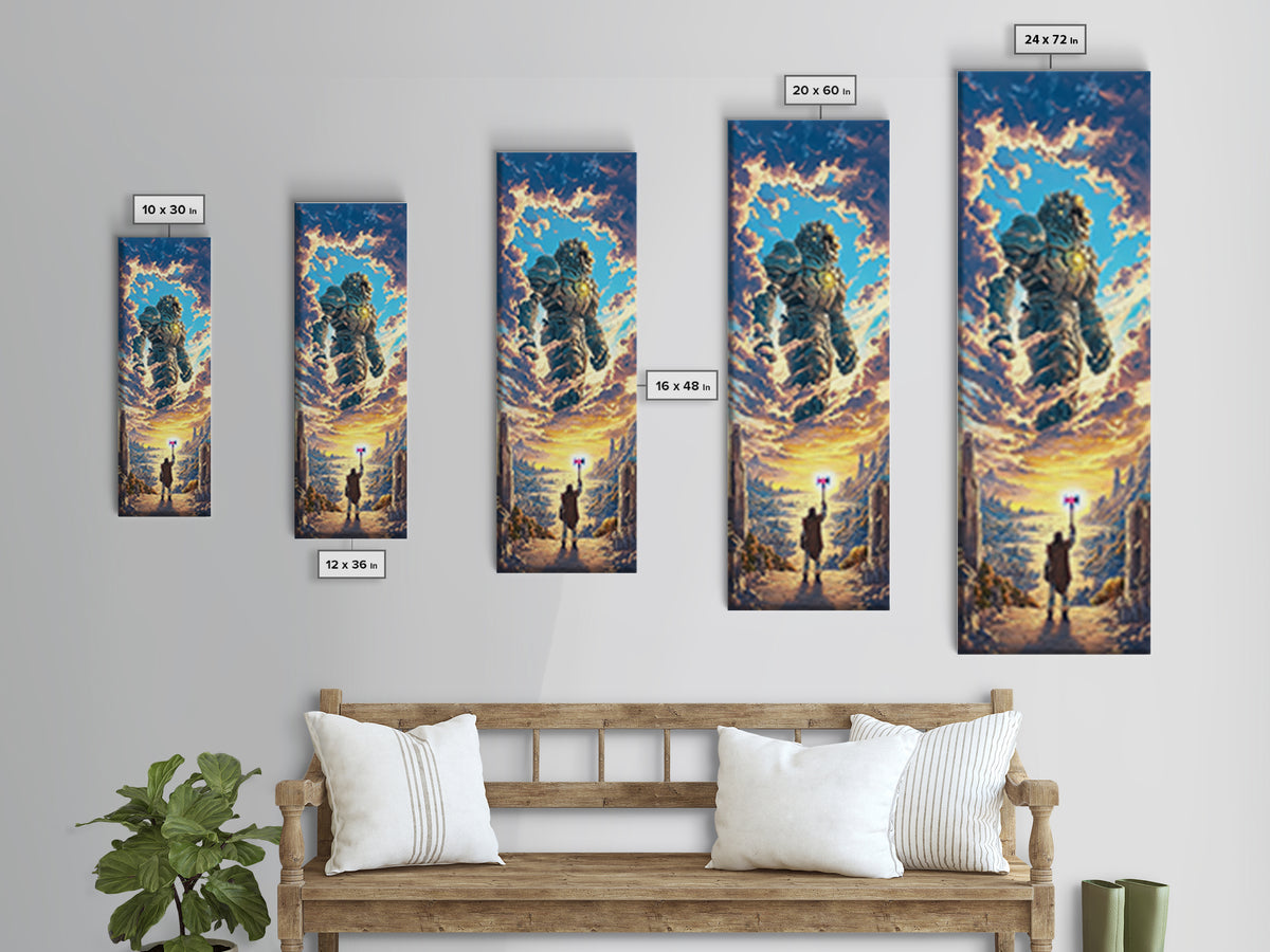 Floating Stone Giant Guardian At Sunset, Fantasy Wall Art, Large Canvas Wall Art, Epic Landscape Print, Gaming Room Decor Gift