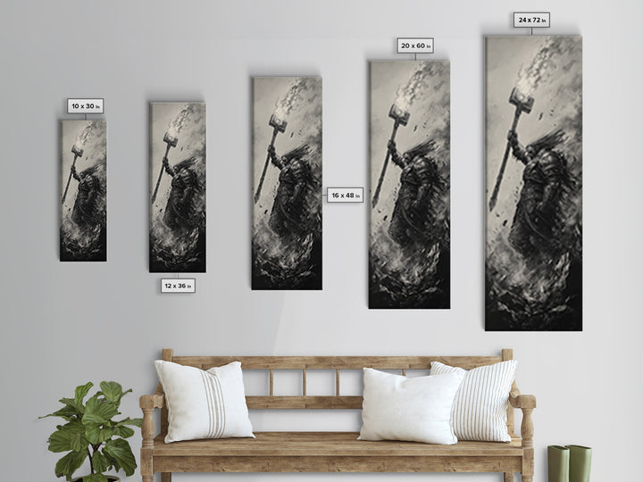 Dark Hammer Warrior In Storm, Black And White Wall Art, Gothic Fantasy Art Print, Medieval Office Decor, Gift For Him, Dark Academia Decor