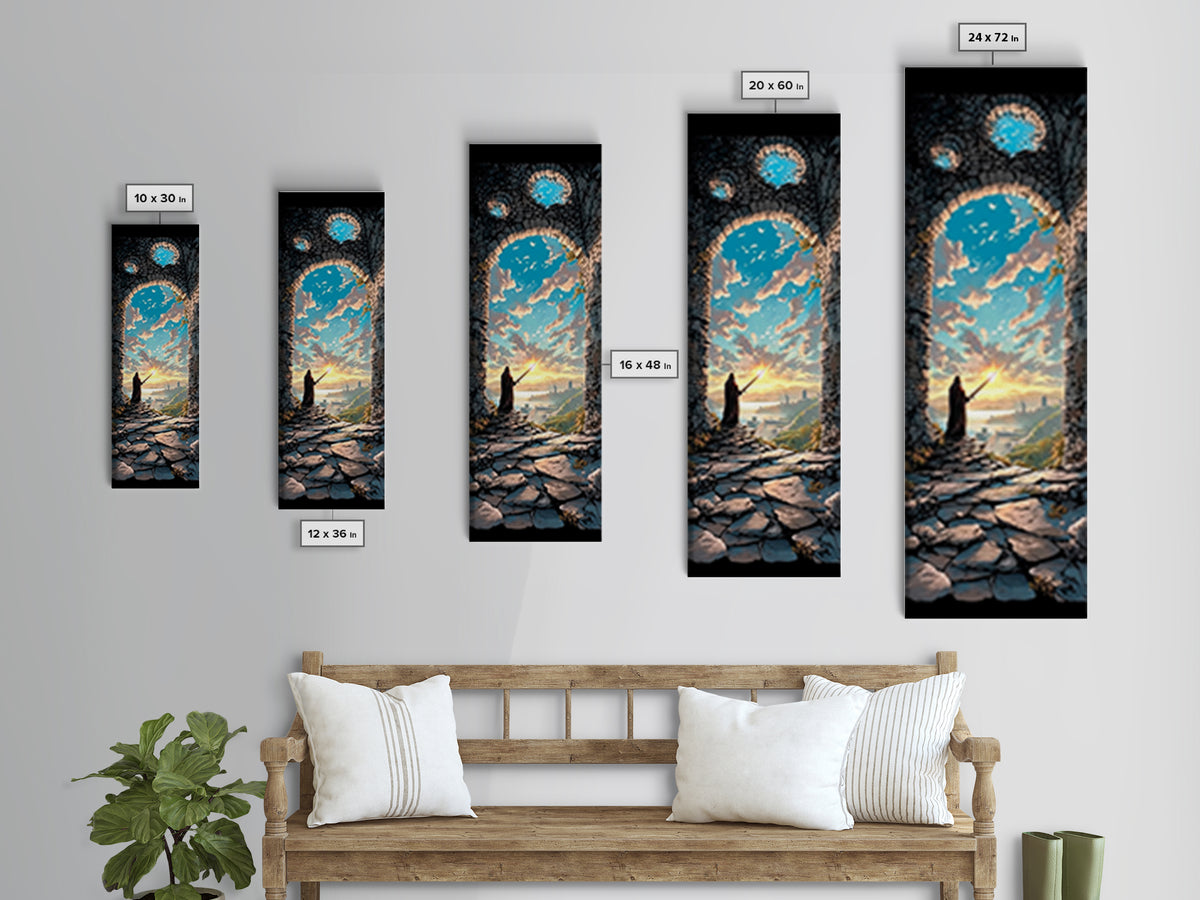 Cloaked Wizard In Ruined Archway At Sunset, Fantasy Wall Art, Medieval Landscape Print, Whimsical Office Decor Gift, Living Room Decor