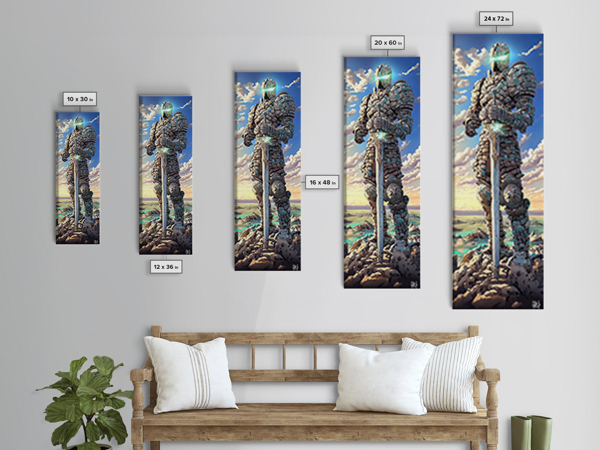 Stone Knight Guardian Holding Sword Above Ocean, Fantasy Canvas Print, Coastal Wall Art, Medieval Landscape Decor, Gift For Him