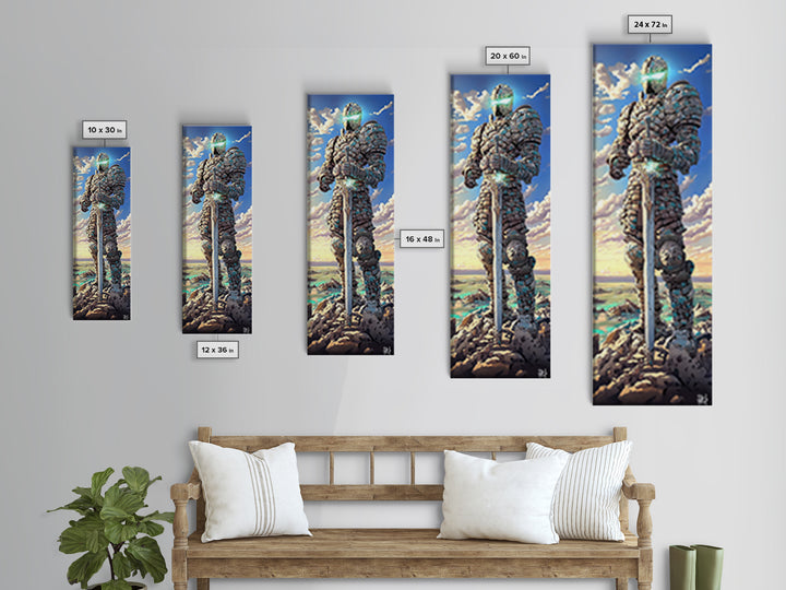 Stone Knight Guardian Holding Sword Above Ocean, Fantasy Canvas Print, Coastal Wall Art, Medieval Landscape Decor, Gift For Him