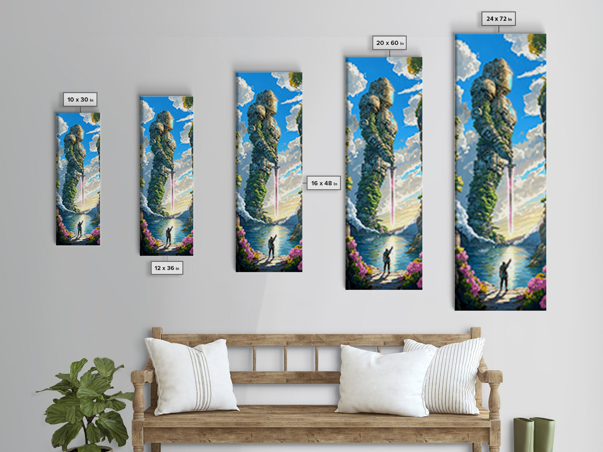 Moss Covered Giant Robot With Pink Sword, Fantasy Wall Art, Japandi Landscape Print, Nature Inspired Living Room Decor Gift