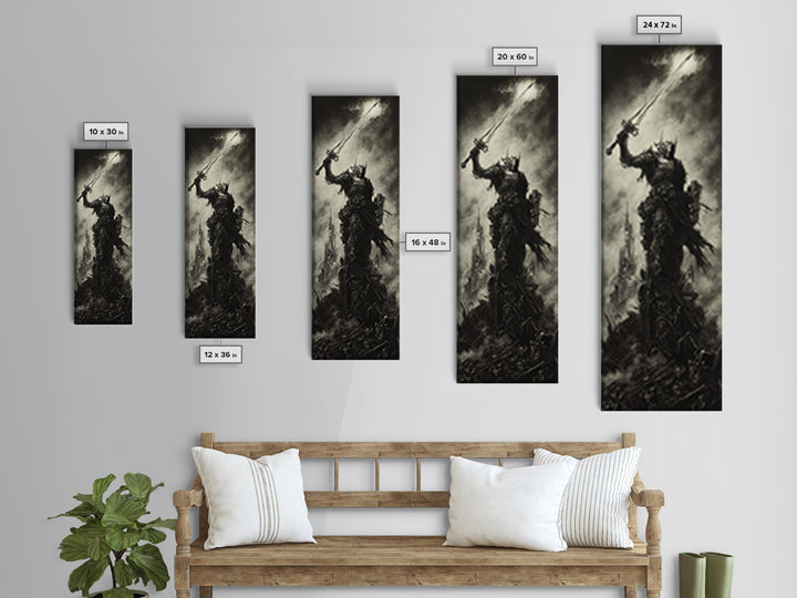 Dark Armored Warrior Raising Sword By Ruined Castle, Gothic Wall Art, Black And White Fantasy Print, Man Cave Decor Gift For Him