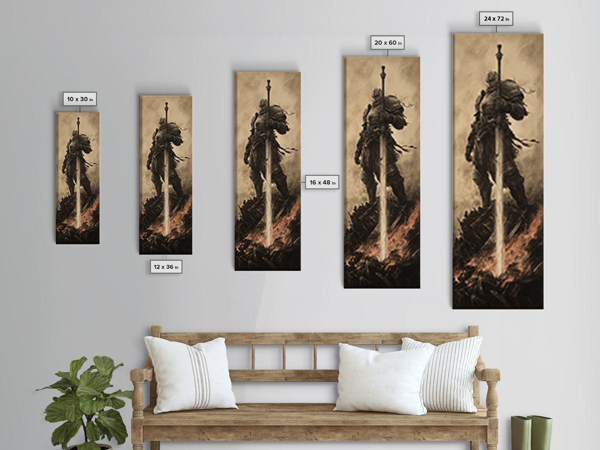 Sepia Knight Standing With Greatsword In Fire, Dark Fantasy Canvas Print, Medieval Wall Art, Gothic Office Decor Gift For Him