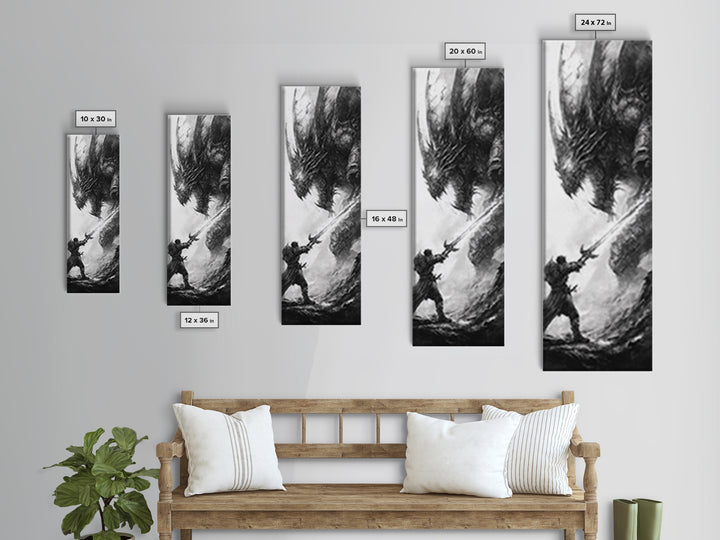 Warrior Facing Massive Dragon In Black And White, Dark Fantasy Wall Art, Gothic Canvas Print, Epic Monster Decor Gift For Him