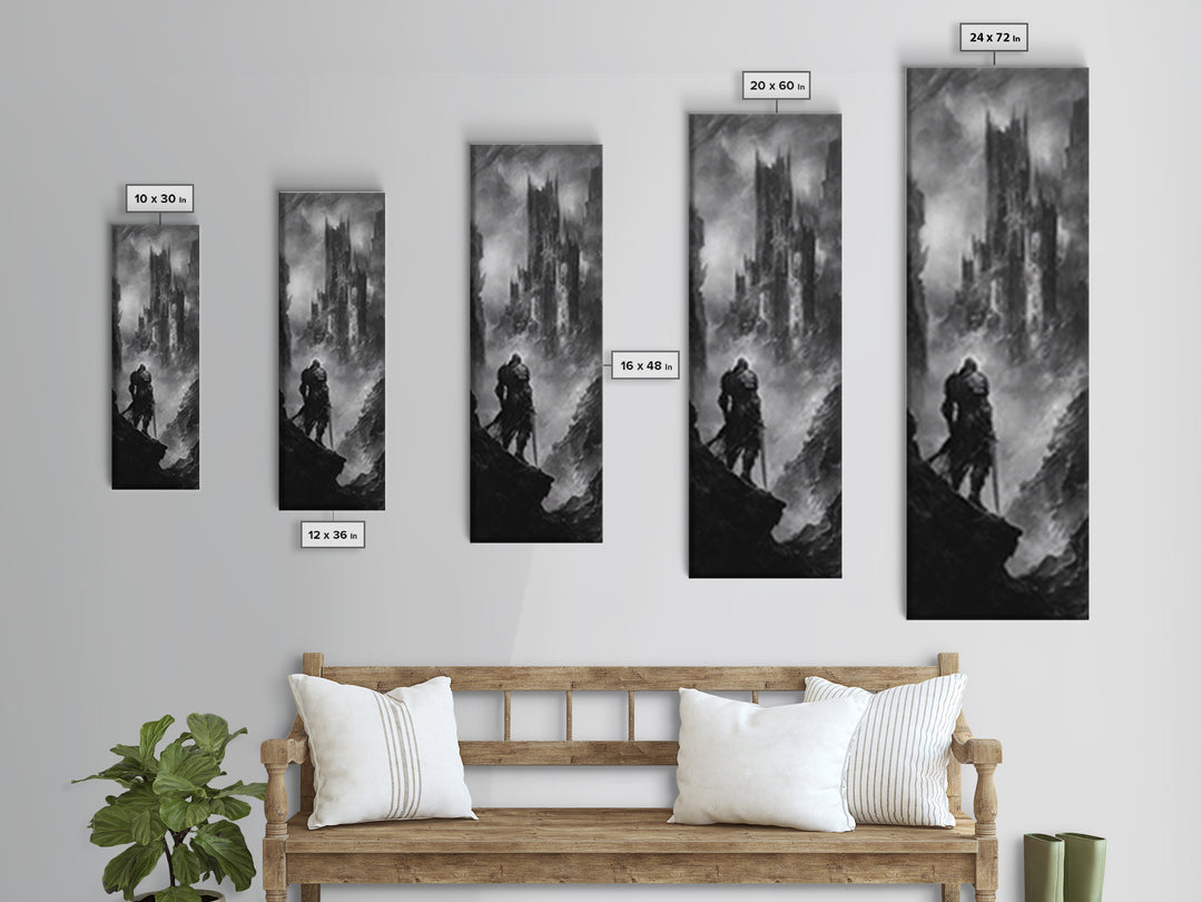 Lone Warrior Before Dark Gothic Castle Wall Art, Black And White Fantasy Landscape Print, Medieval Dungeon Decor For Office