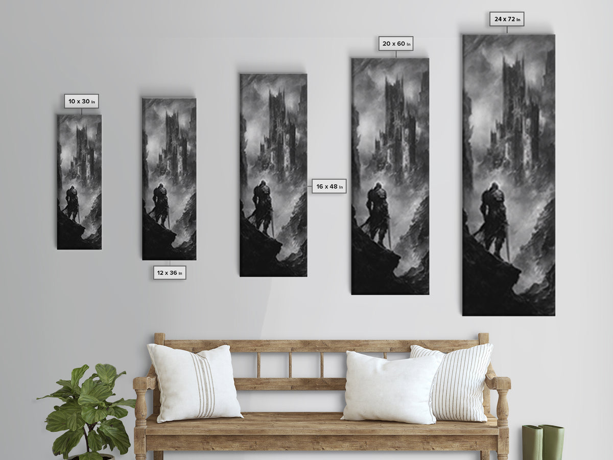Lone Warrior Before Dark Gothic Castle Wall Art, Black And White Fantasy Landscape Print, Medieval Dungeon Decor For Office