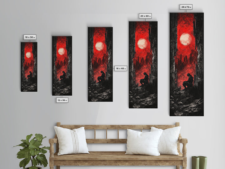 Solitary Figure Under Blood Moon Wall Art, Red Gothic Fantasy Canvas Print, Dark Academia Poster For Bedroom Decor Gift