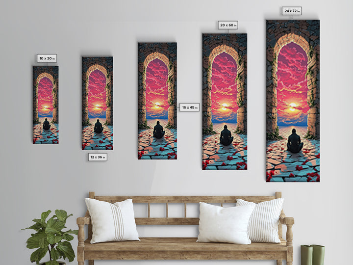 Seated Wanderer In Stone Arch Sunset Wall Art, Vibrant Fantasy Portal Canvas Print, Meditation Room Home Decor Gift For Her