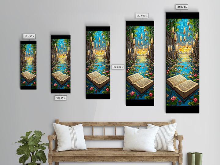 Open Book In Enchanted Lily Pond Wall Art, Magical Library Fantasy Canvas Print, Whimsical Reading Nook Decor Gift For Book Lover