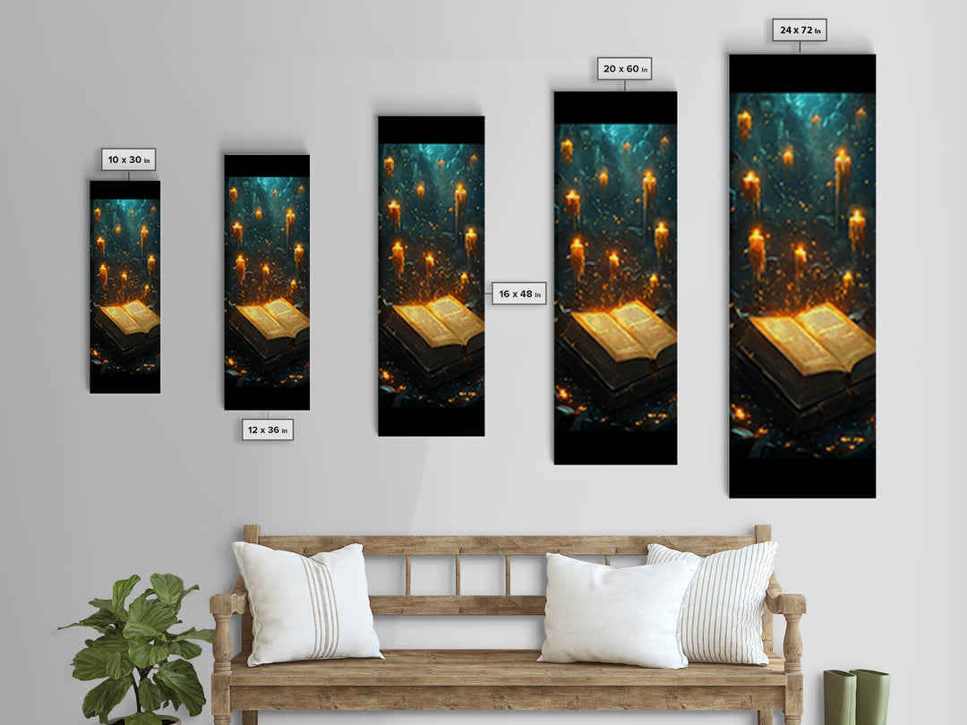 Glowing Grimoire With Floating Candles Wall Art, Dark Fantasy Library Canvas Print, Gothic Academia Home Decor Gift For Her