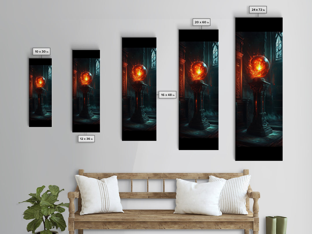 Fiery Crystal Orb In Gothic Library Wall Art, Dark Academia Fantasy Canvas Print, Mystical Office Decor Gift For Him Art