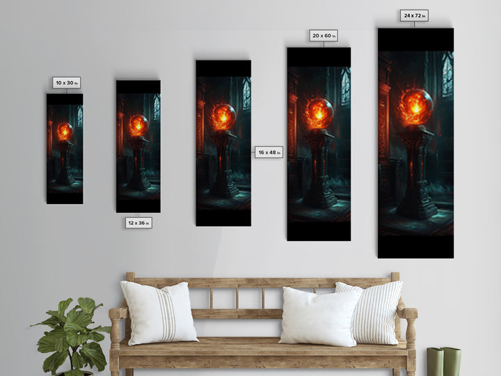 Fiery Crystal Orb In Gothic Library Wall Art, Dark Academia Fantasy Canvas Print, Mystical Office Decor Gift For Him Art