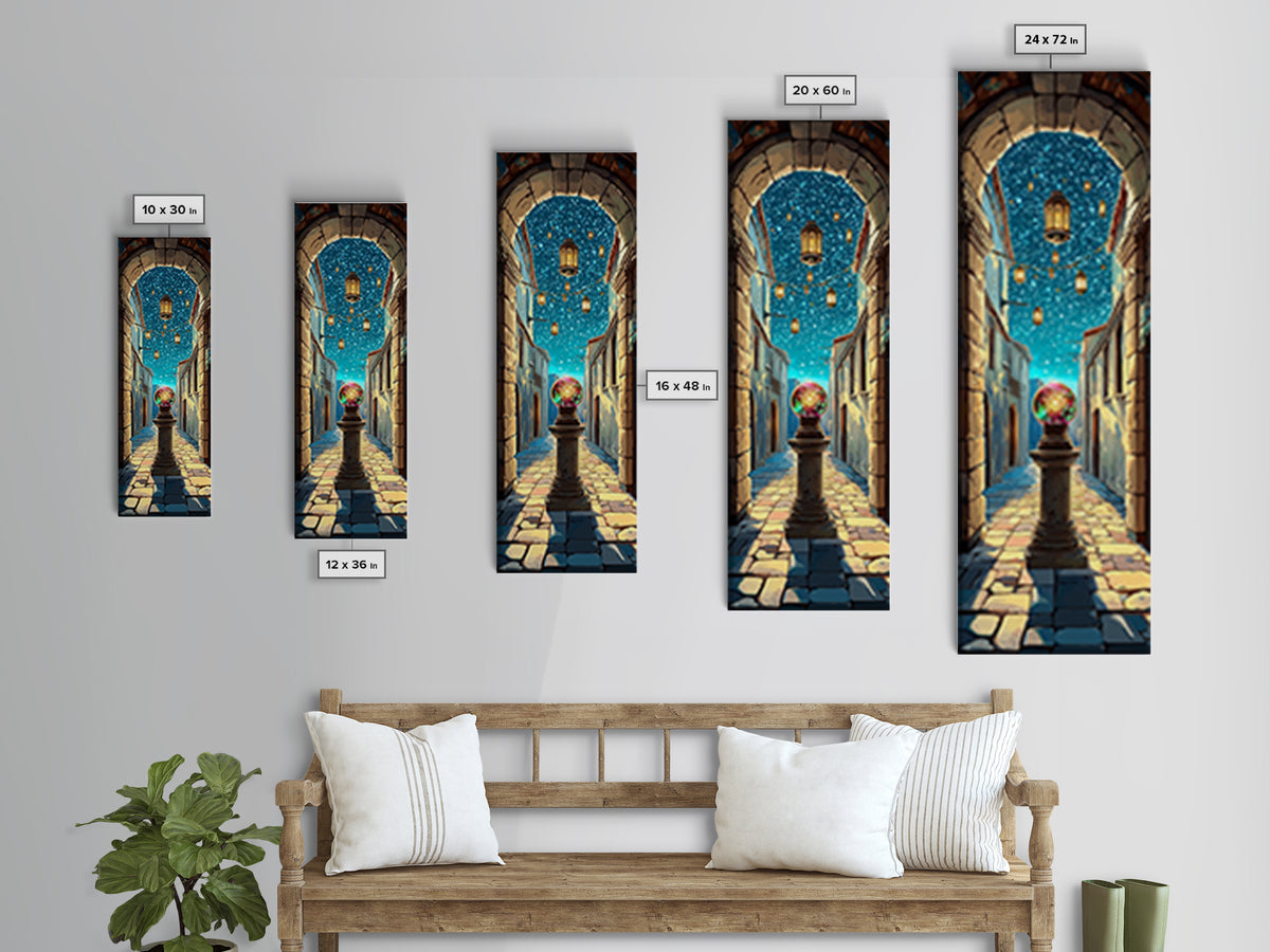Magic Orb Beneath Starry Alley Wall Art, Whimsical Fantasy Canvas Print, Mediterranean Night Unique Home Decor Gift For Her
