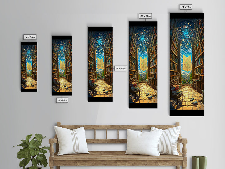 Glowing Magic Map In Towering Library Framed Canvas Print, Fantasy Wall Art, Bookish Decor, Whimsical Reader Gift, Library Poster