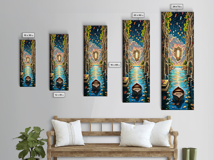 Lantern Canal Between Book Shelves Canvas Print, Fantasy Library Wall Art, Coastal Book Lover Decor, Magical Housewarming Gift