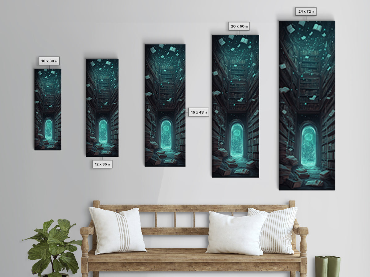 Glowing Portal In Dark Library Framed Canvas Print, Gothic Wall Art, Dark Academia Decor, Fantasy Book Lover Gift, Reading Nook Decor