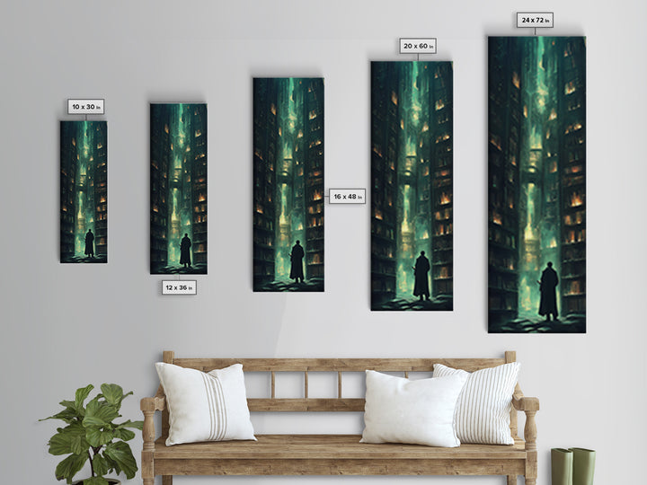 Lone Figure In Emerald Library Canyon Canvas Print, Dark Academia Wall Art, Moody Fantasy Decor, Gothic Office Wall Decor