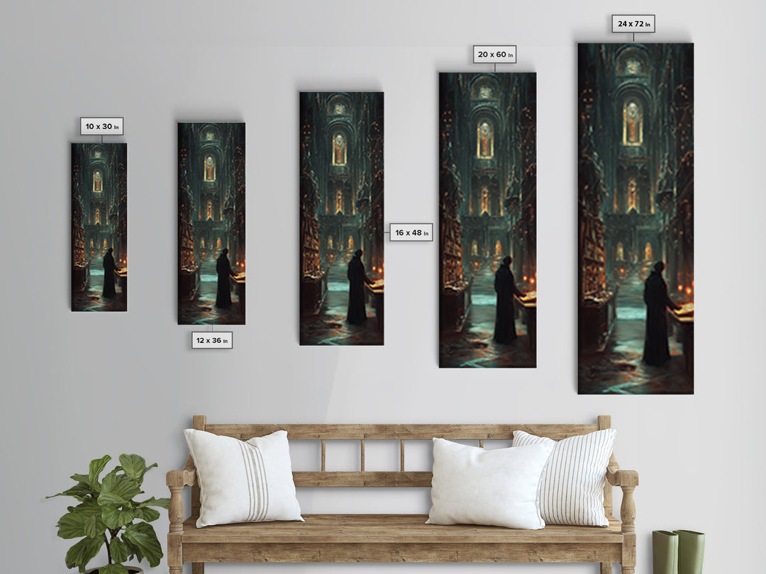 Robed Scholar In Gothic Cathedral Library Wall Art, Dark Academia Decor, Moody Fantasy Print, Candlelit Office Wall Decor