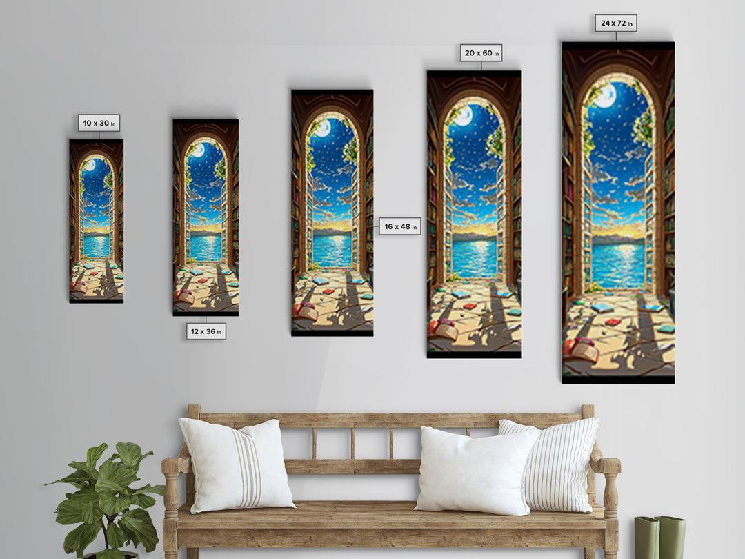 Moonlit Library Arch With Ocean View Framed Canvas Print, Book Lover Wall Art, Coastal Decor, Reading Nook Art For Cozy Home Decor