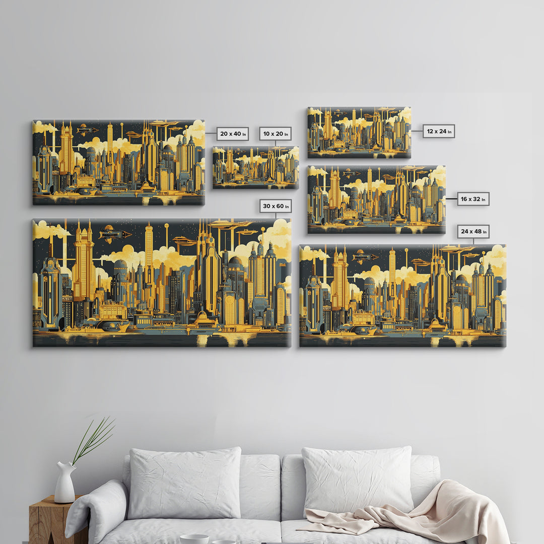 Golden Futuristic Skyline With Airships Canvas Print, Sci Fi Cityscape Wall Art, Modern Office Decor, Large Statement Artwork