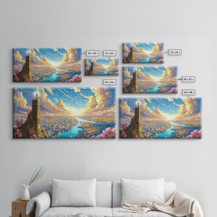 Sunset Tower Above Radiant River City Framed Canvas Print, Fantasy Wall Art, Colorful Landscape, Living Room Decor Gift Idea