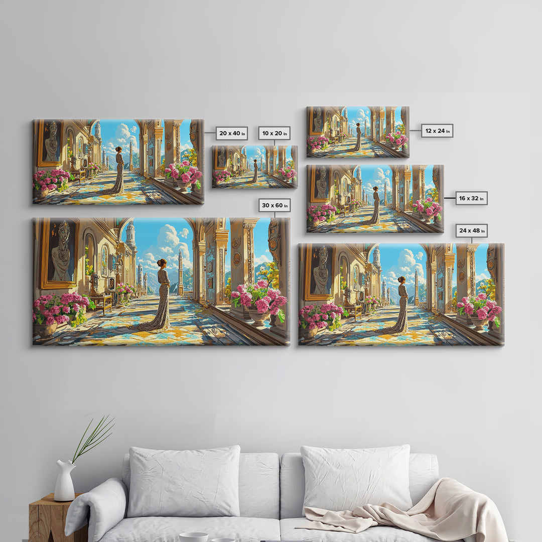 Elegant Woman In Sunlit Palace Corridor Canvas Print, Mediterranean Wall Art, Floral Decor, European Living Room Artwork Gift