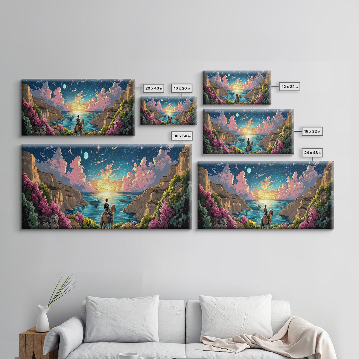 Moonlit Coastal Canyon Horse Ride Canvas Print, Fantasy Landscape Wall Art, Romantic Beach House Decor, Whimsical Gift For Her