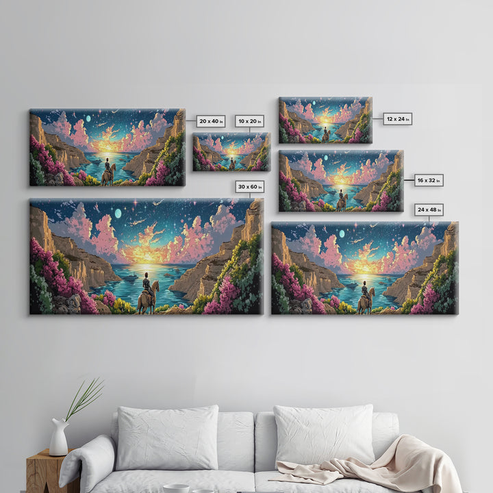 Moonlit Coastal Canyon Horse Ride Canvas Print, Fantasy Landscape Wall Art, Romantic Beach House Decor, Whimsical Gift For Her