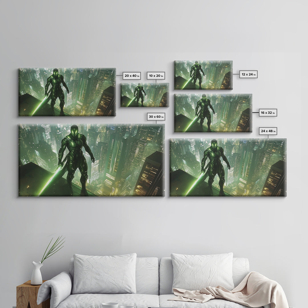 Green Cyber Warrior On Futuristic Rooftop Canvas Print, Modern Cyberpunk Wall Art, Sci Fi Gaming Room Decor, Gift For Him