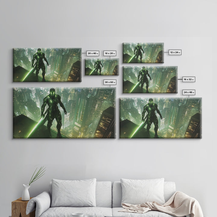 Green Cyber Warrior On Futuristic Rooftop Canvas Print, Modern Cyberpunk Wall Art, Sci Fi Gaming Room Decor, Gift For Him