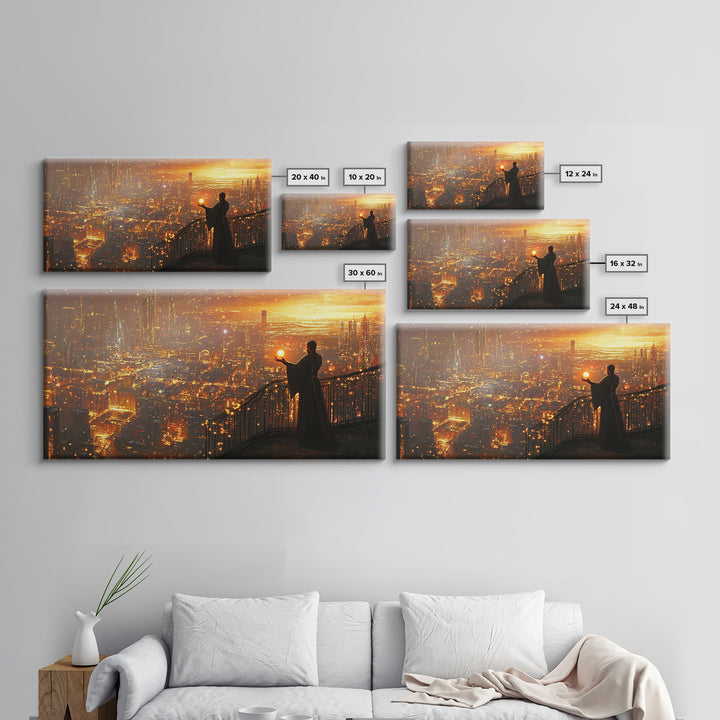 Robed Figure Holding Glowing Orb Over Dystopian City Canvas Print, Futuristic Wall Art, Golden Sci Fi Office Decor, Gift For Him