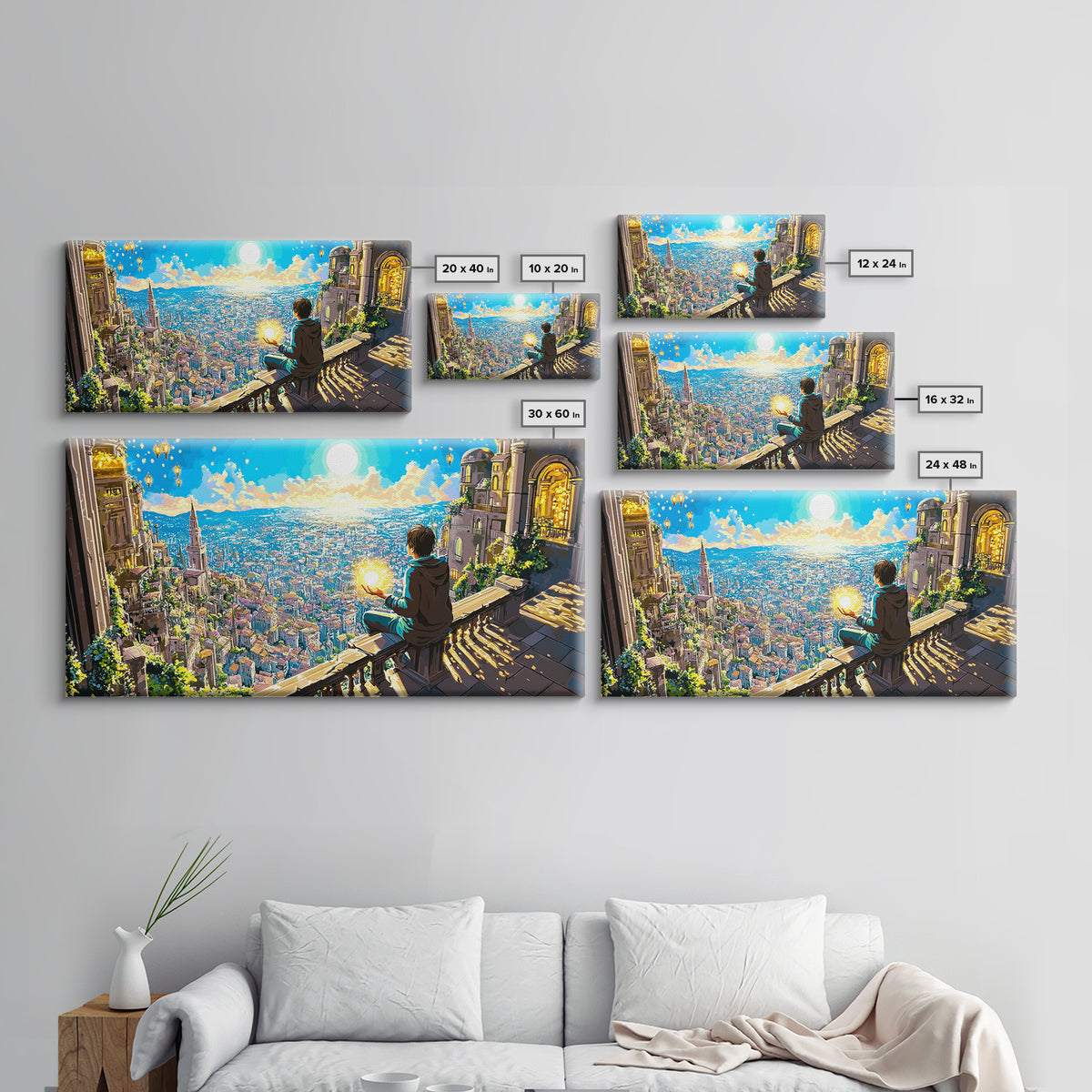 Boy With Glowing Orb Above Sunlit Fantasy City Canvas Print, Whimsical Wall Art, Magical Living Room Home Decor, Gift For Her
