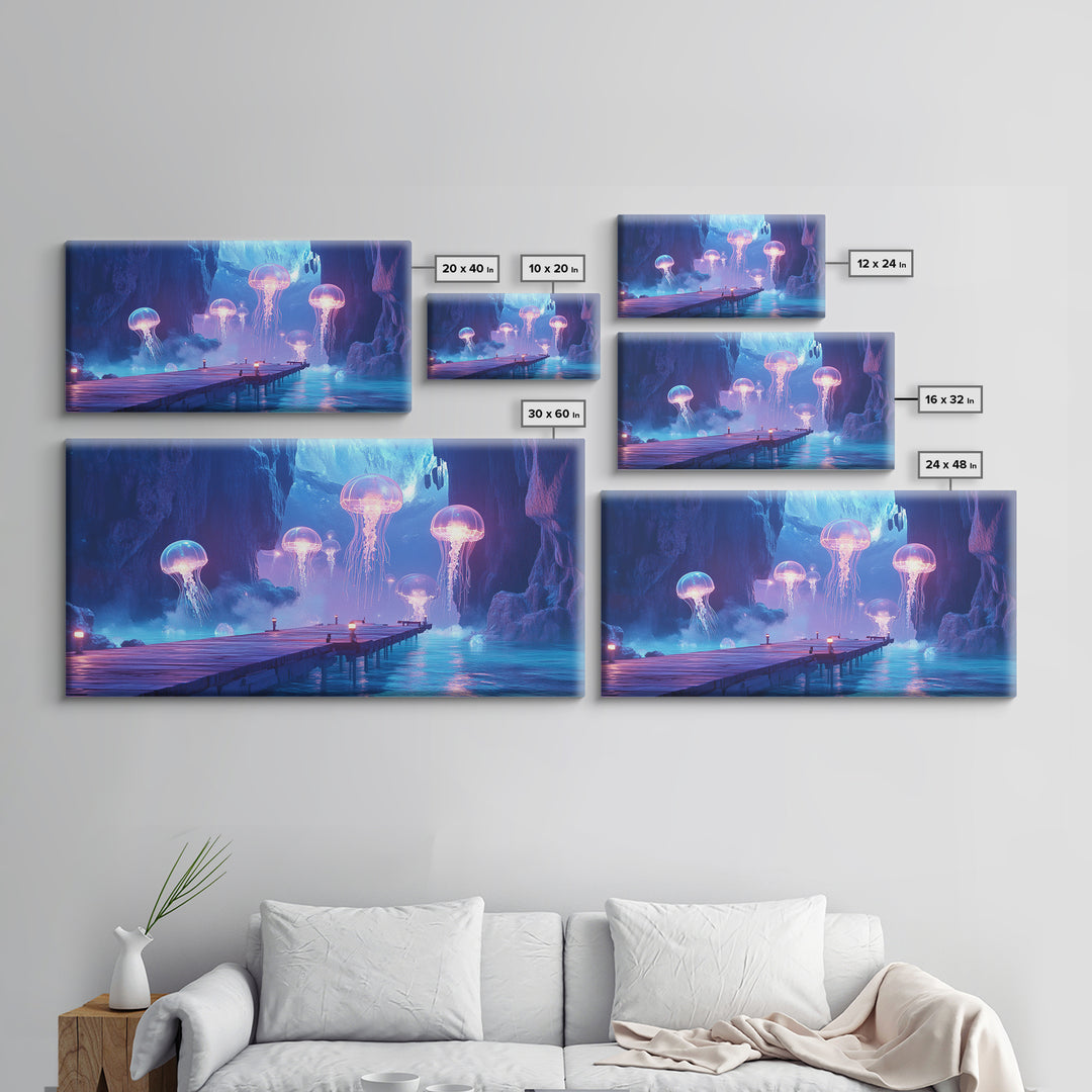 Glowing Jellyfish Cavern With Dock Canvas Print, Blue Bioluminescent Ocean Wall Art, Fantasy Coastal Home Decor, Unique Gift
