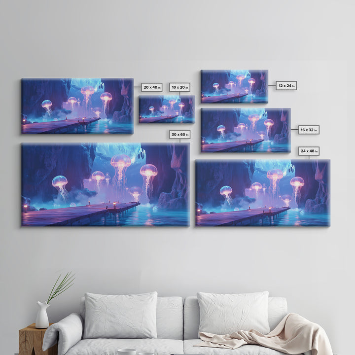 Glowing Jellyfish Cavern With Dock Canvas Print, Blue Bioluminescent Ocean Wall Art, Fantasy Coastal Home Decor, Unique Gift