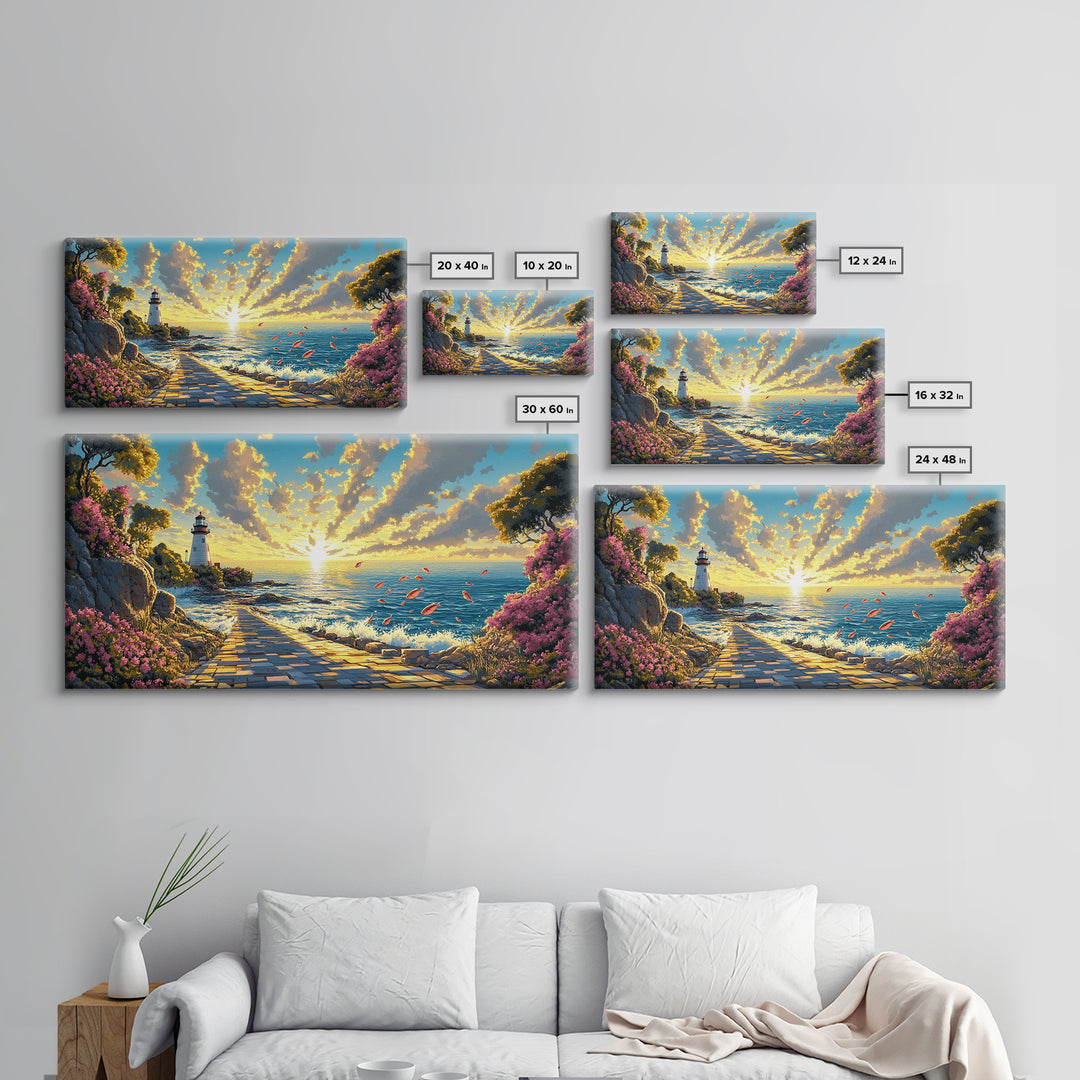 Sunlit Lighthouse Path At Golden Ocean Sunset Wall Art, Coastal Canvas Wall Art, Beach House Decor, Seascape Print, Living Room Decor