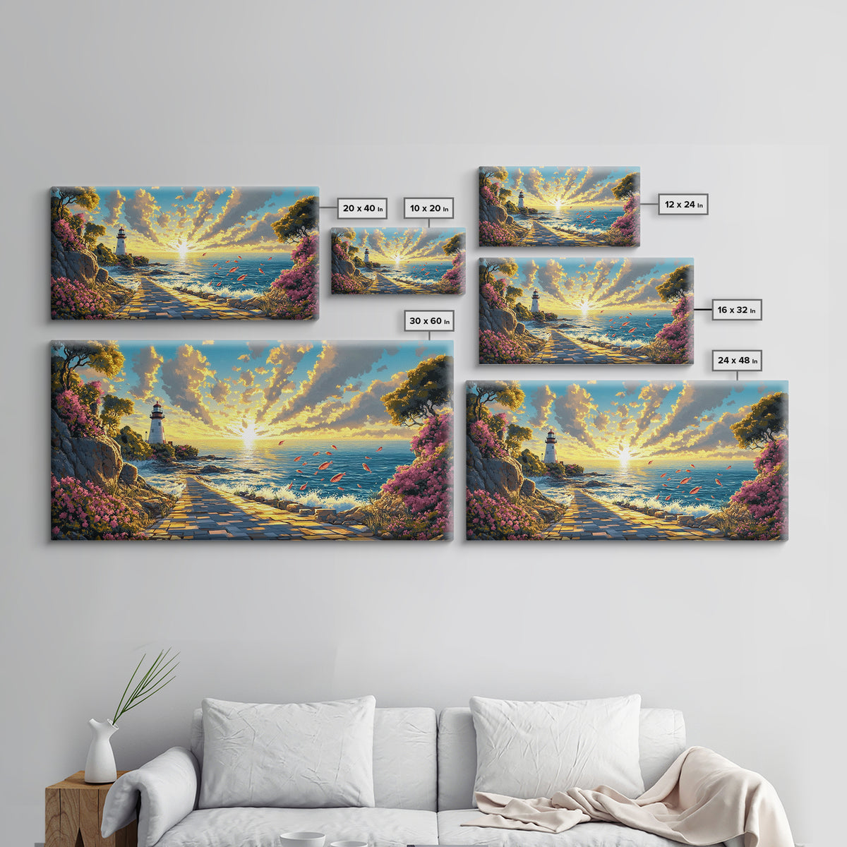 Sunlit Lighthouse Path At Golden Ocean Sunset Wall Art, Coastal Canvas Wall Art, Beach House Decor, Seascape Print, Living Room Decor