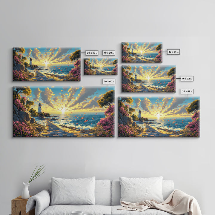 Sunlit Lighthouse Path At Golden Ocean Sunset Wall Art, Coastal Canvas Wall Art, Beach House Decor, Seascape Print, Living Room Decor