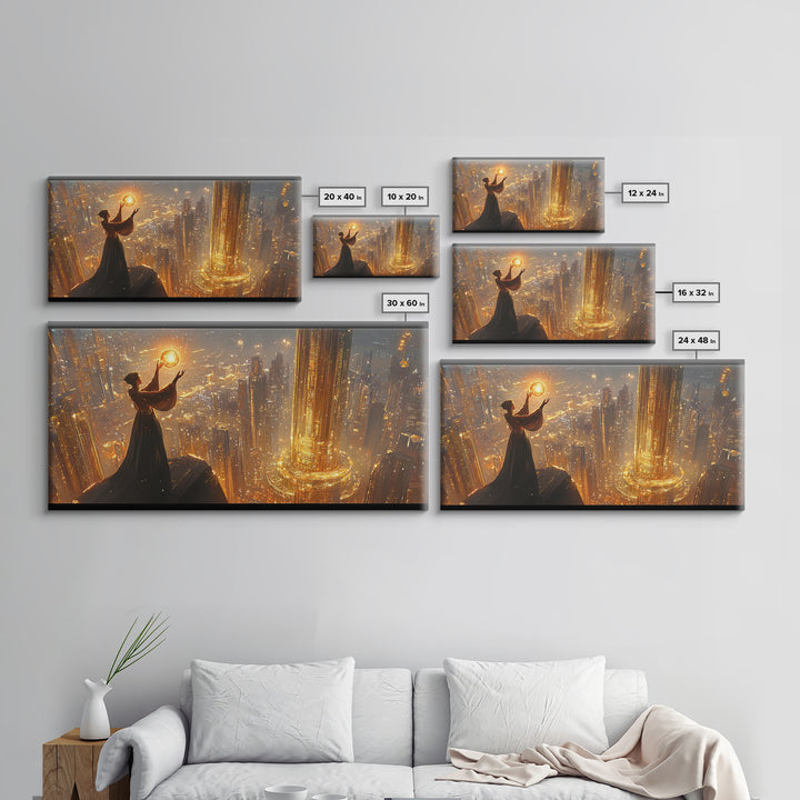 Elegant Woman Holding A Golden Orb Framed Canvas Print, Futuristic Wall Art, Sci Fi Decor, Luxury Office Statement Artwork