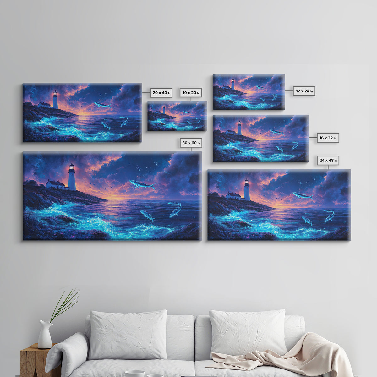 Bioluminescent Whale Ocean Lighthouse Wall Art, Fantasy Seascape Print, Coastal Wall Decor, Moody Blue Living Room Wall Art