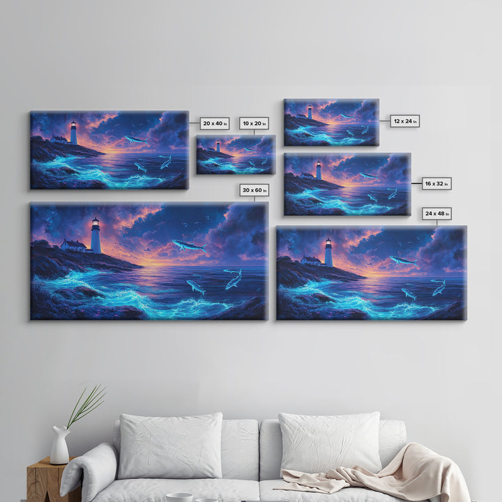 Bioluminescent Whale Ocean Lighthouse Wall Art, Fantasy Seascape Print, Coastal Wall Decor, Moody Blue Living Room Wall Art