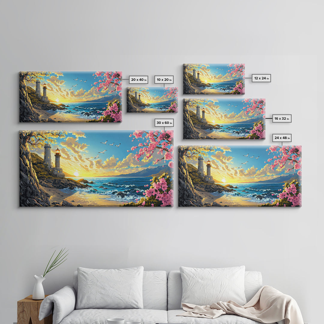 Twin Lighthouses With Cherry Blossoms At Sunrise Canvas Print, Coastal Wall Art, Beach House Decor, Nautical Living Room Art