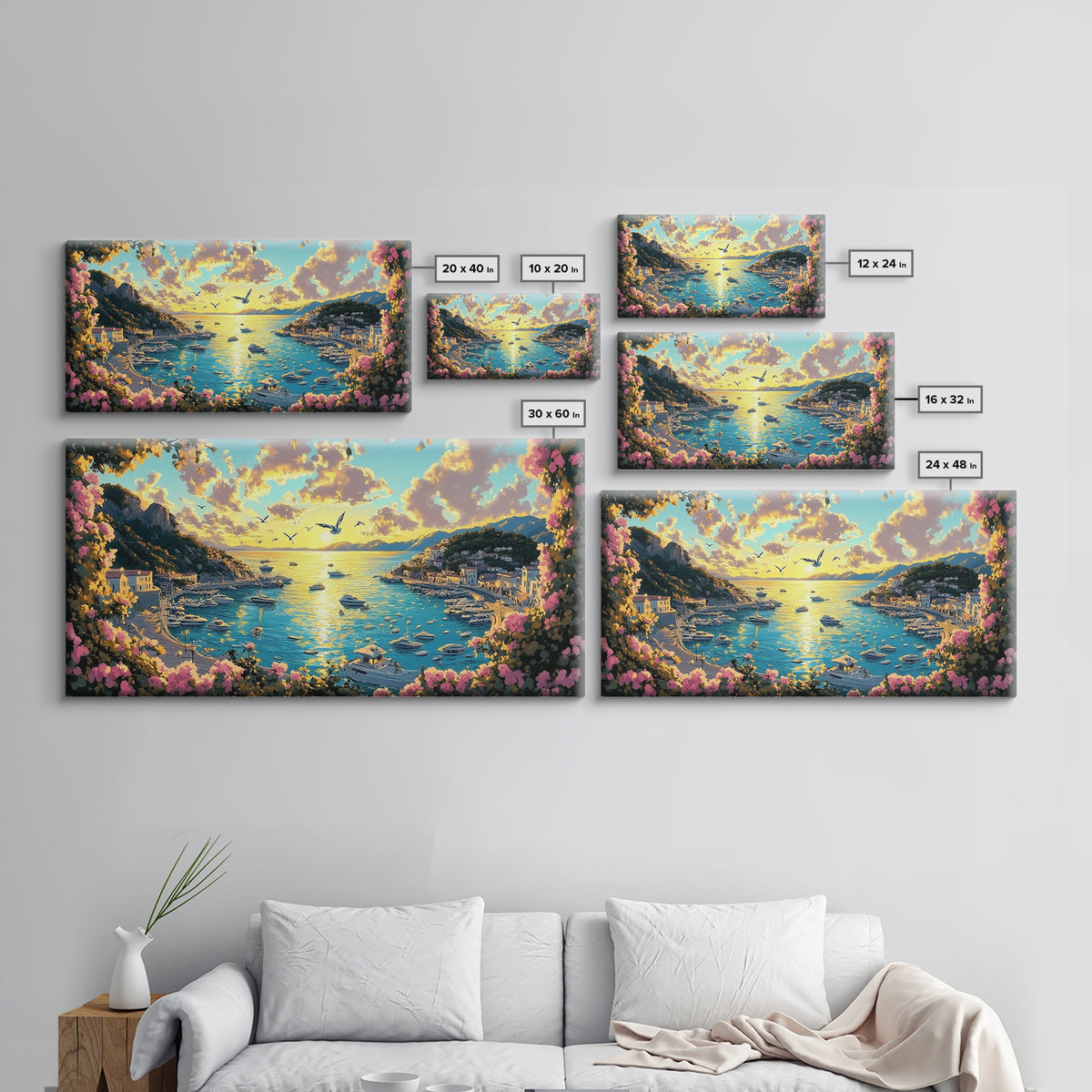 Mediterranean Harbor Sunset With Boats And Flowers Wall Art, Italy Coastal Print, Travel Poster, Living Room Decor Gift Idea