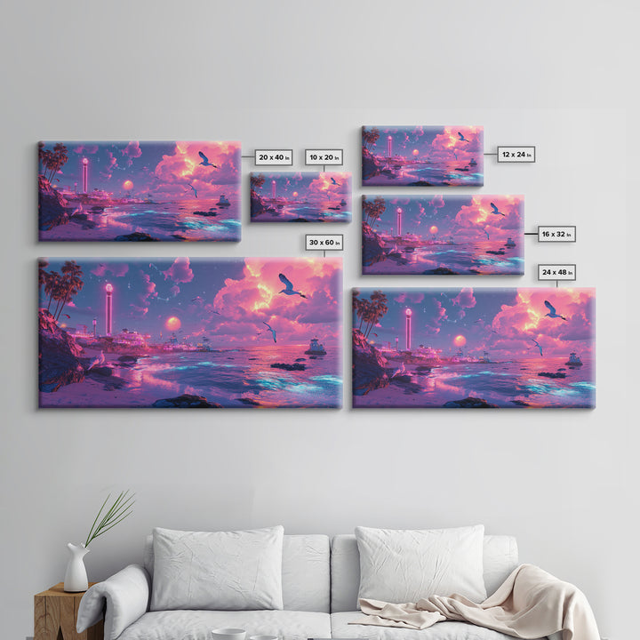 Neon Pink Coastal City At Moonlit Sunset Canvas Print, Vaporwave Wall Art, Futuristic Beach Decor, Gaming Room Poster Print