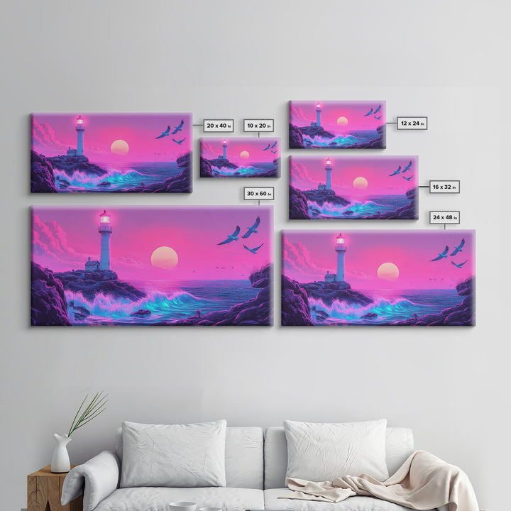 Pink Lighthouse Sunset With Turquoise Waves Framed Canvas Print, Coastal Wall Art, Vaporwave Beach Decor, Ocean Poster Print