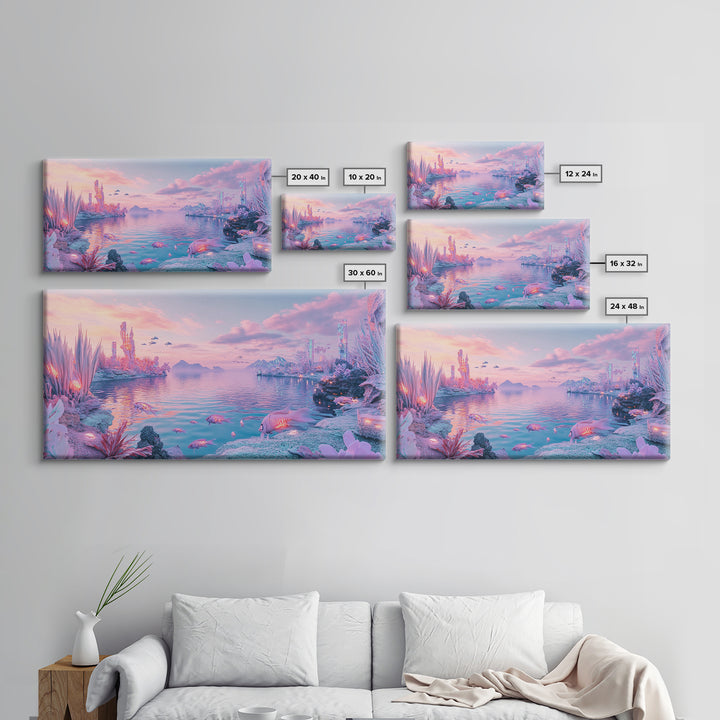 Pastel Alien Crystal Shore With Glowing Wildlife Wall Art, Fantasy Landscape Print, Sci Fi Decor, Dreamy Nursery Wall Art