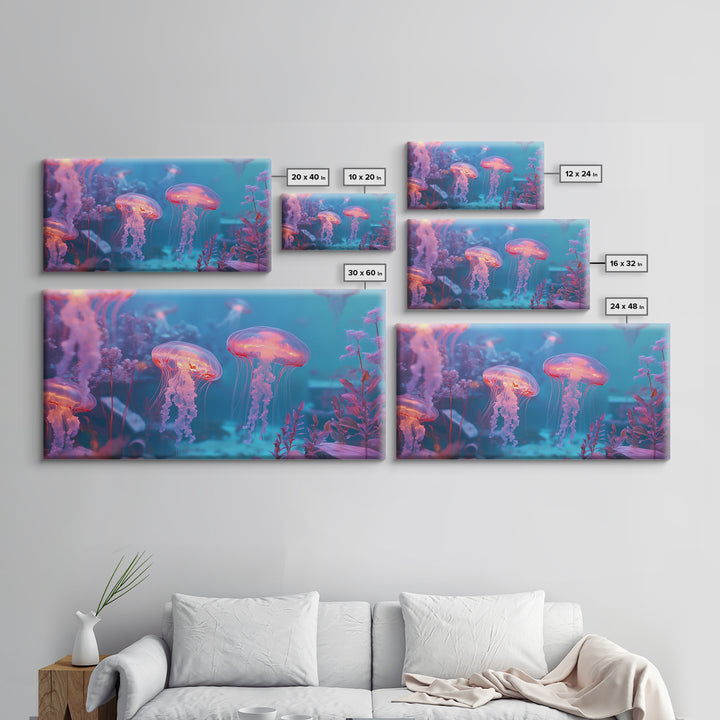 Glowing Jellyfish Garden Under Turquoise Sea Canvas Print, Underwater Wall Art, Ocean Decor, Marine Life Nursery Art Print