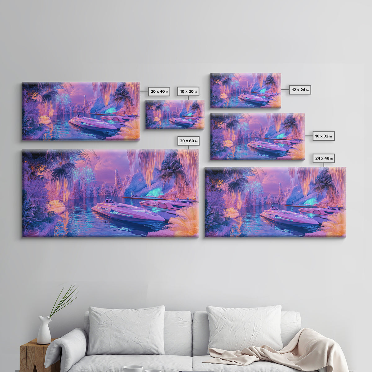 Neon Tropical Lagoon Canvas Print, Futuristic Palm Boat Wall Art, Dopamine Decor, Gaming Room Decor, Vibrant Coastal Art