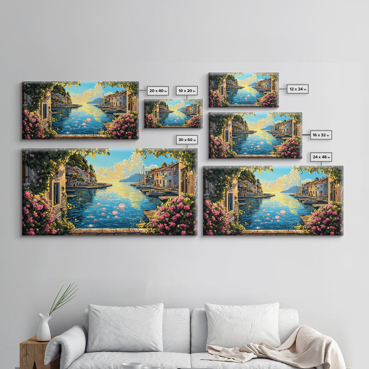 Mediterranean Flower Harbor Wall Art, Sunny Coastal Village Canvas Print, Lake Como Decor, Living Room Wall Art Gift For Her
